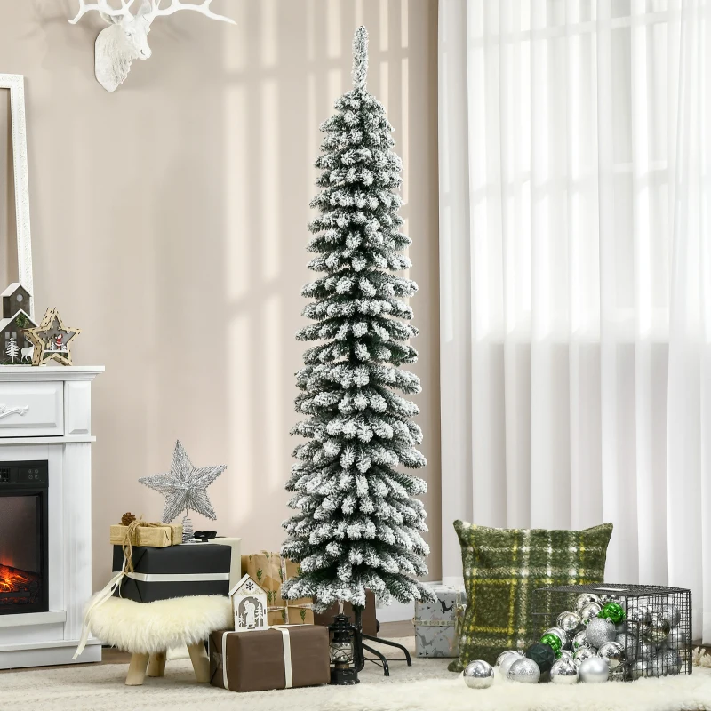 HOMCOM 6 Ft Snow-Flocked Artificial Christmas Tree, Slim Pencil Xmas Tree with Realistic Branches, Metal Base, Green