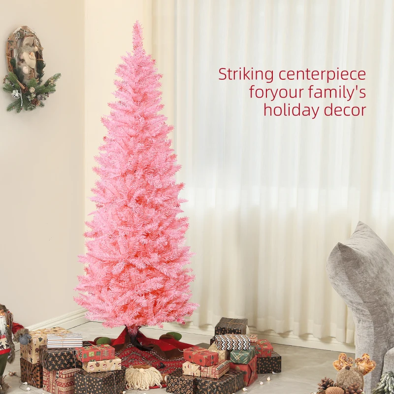 HOMCOM 6ft Tall Pencil Artificial Christmas Tree with 479 Branch Tips with Steel Base, Pink