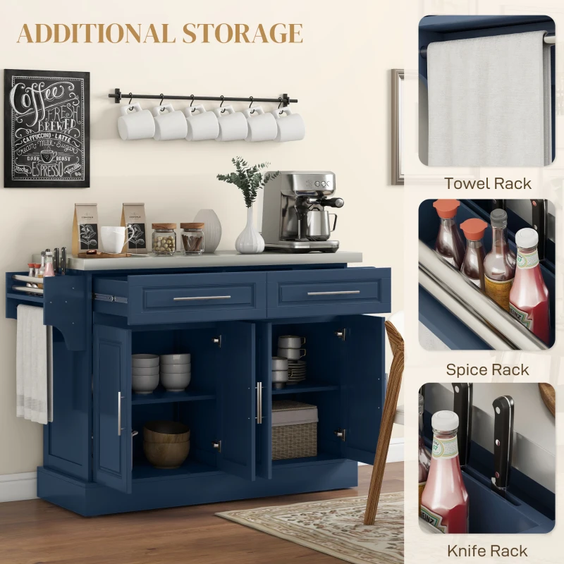 HOMCOM Rolling Kitchen Island with Stainless Steel Top, 2 Drawers, Spice, Knife and Towel Rack and Cabinets, Navy Blue