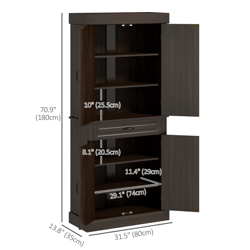 HOMCOM 71" Freestanding Kitchen Pantry with 4 Doors and 2 Cabinets, Tall Storage Cabinet for Kitchen, Distressed Coffee