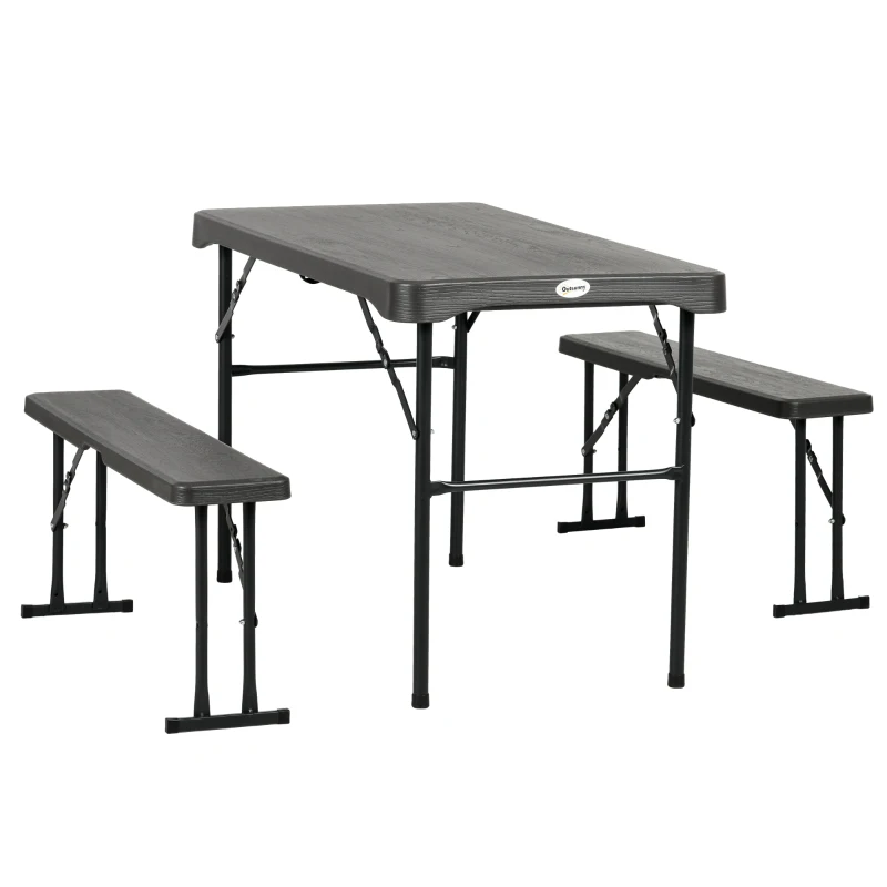 Outsunny Folding Picnic Table with 2 Benches, 3-Piece Portable Outdoor Picnic Table Bench Set for 4, Patio Dining Table Set with Plastic Top, Steel Frame for Garden, Dark Grey