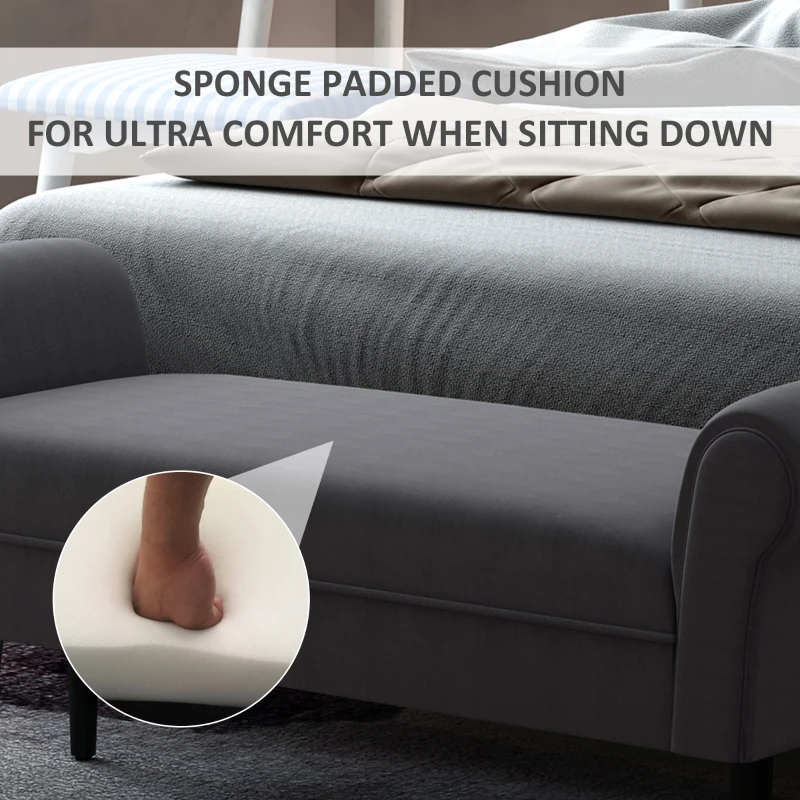 HOMCOM 52" End of Bed Bench, Linen Upholstered Ottoman Bench, Bedroom Entryway Bench With Armrests, Dark Gray