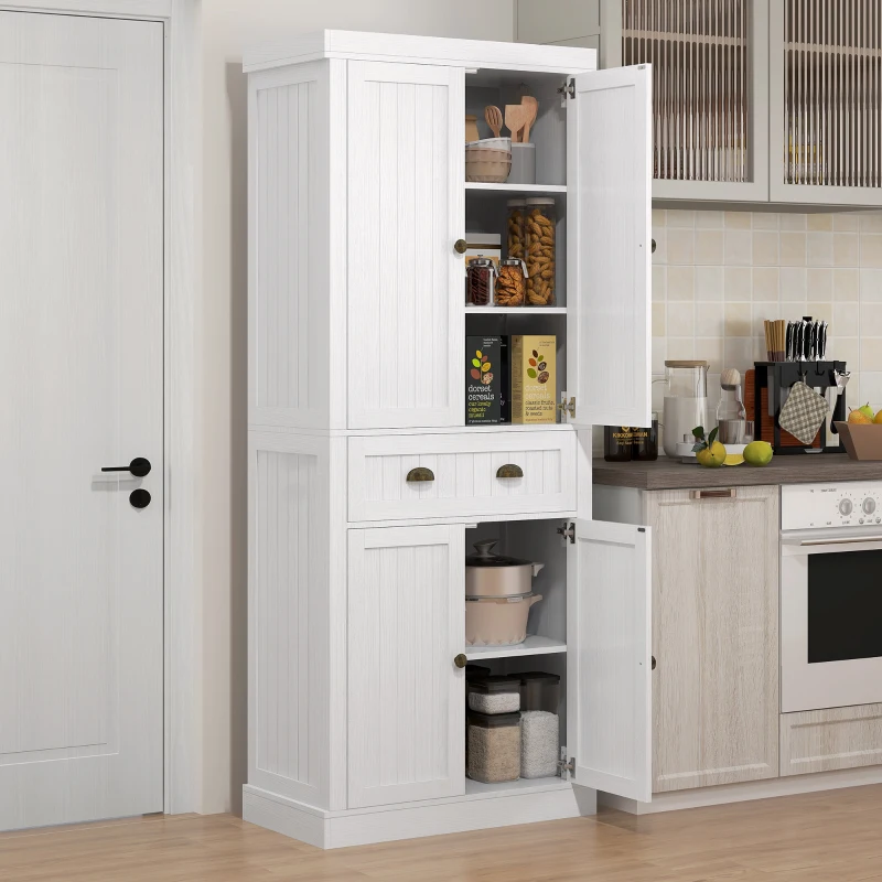 HOMCOM 72" Kitchen Cabinet, Kitchen Pantry Cabinet with 4 Doors, 2 Adjustable Shelves and Drawer, Distressed White