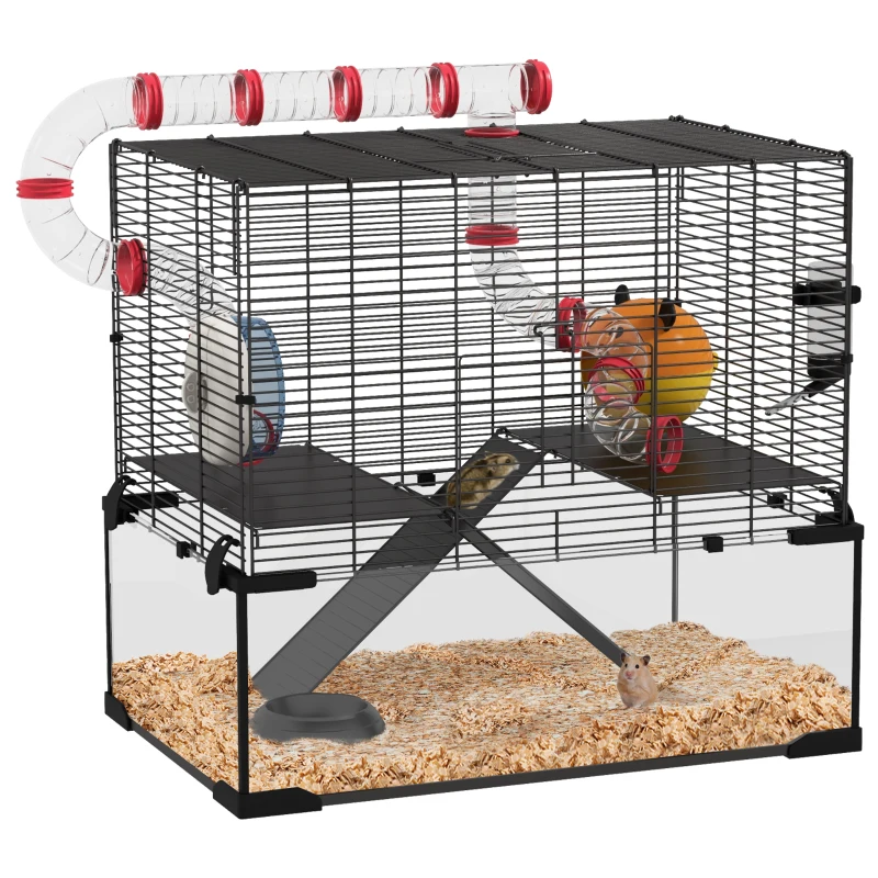 PawHut Hamster Cage with Deep Glass Bottom, Tunnel Tube System, Platforms, Hut, Exercise Wheel, Water Bottle, 24" x 16" x 22"