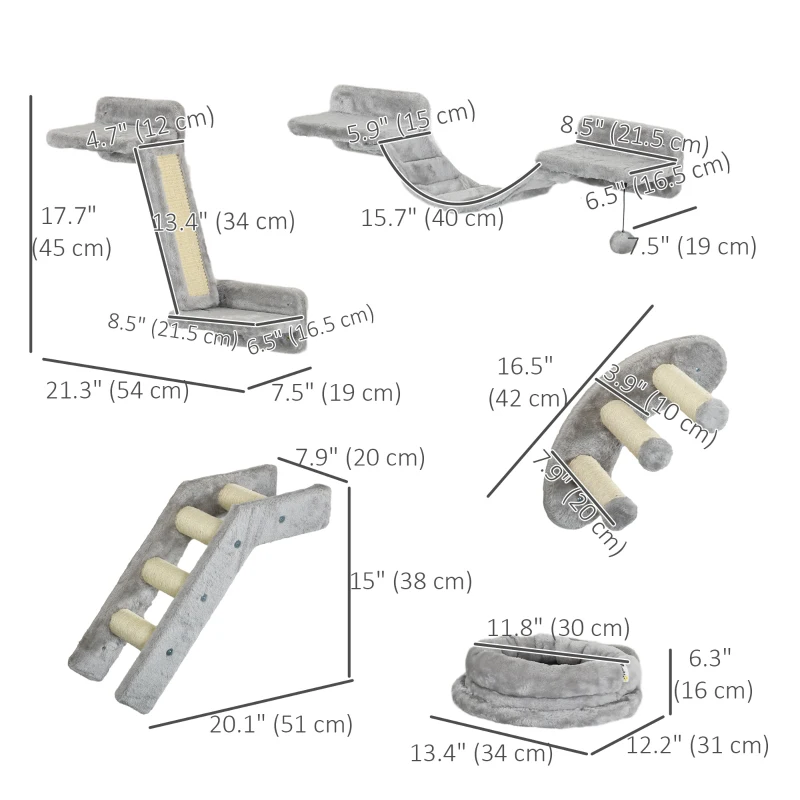 PawHut 5PCs Cat Wall Shelves with Scratching Post, Ladder, Cat Bed, Jumping Platform, Perches, Toy Ball, Step