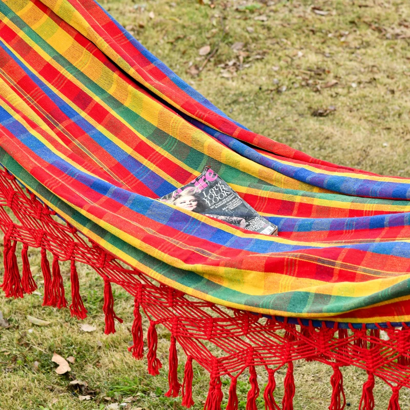 Outsunny Brazilian Style Hammock Extra Large Cotton Hanging Camping Bed with Carrying Bag, for Patio Backyard Poolside, Rainbow Stripe