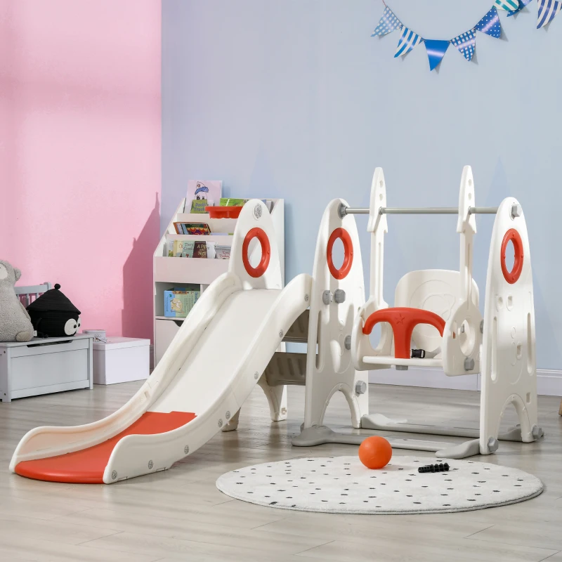 Qaba 4 in 1 Toddler Swing Set with Slide, Basketball Hoop, Climber & Basketball for Kids 1-3 Years Old, Red