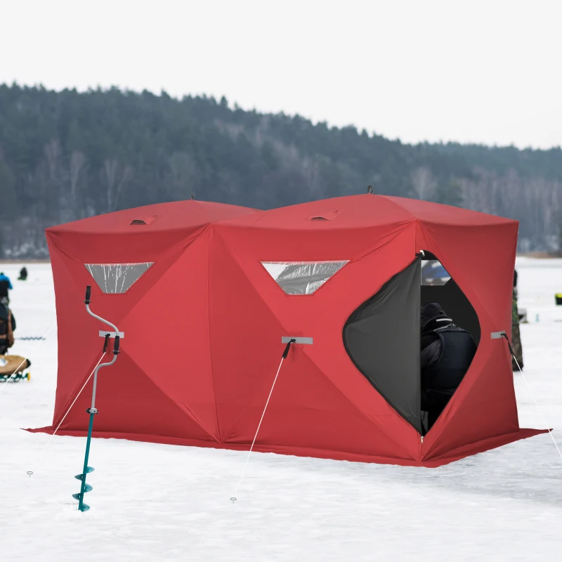 Outsunny 5-8 People Ice Fishing Shelter, Pop-Up Portable Ice Fishing Tent with Carry Bag, Two Doors, Windows and Vents, Ice Shanty for Winter Fishing, Red