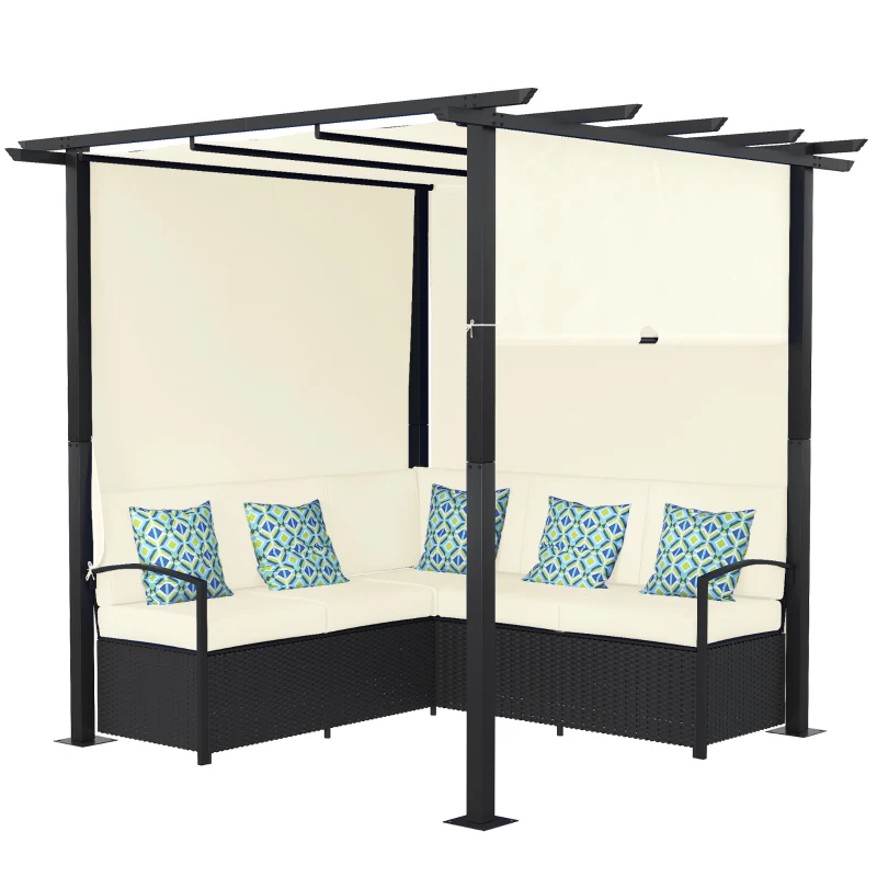 Outsunny Outdoor Rattan Wicker Patio Furniture Sofa Set with Retractable Canopy Pergola for Deck, Pool, Garden, Beige
