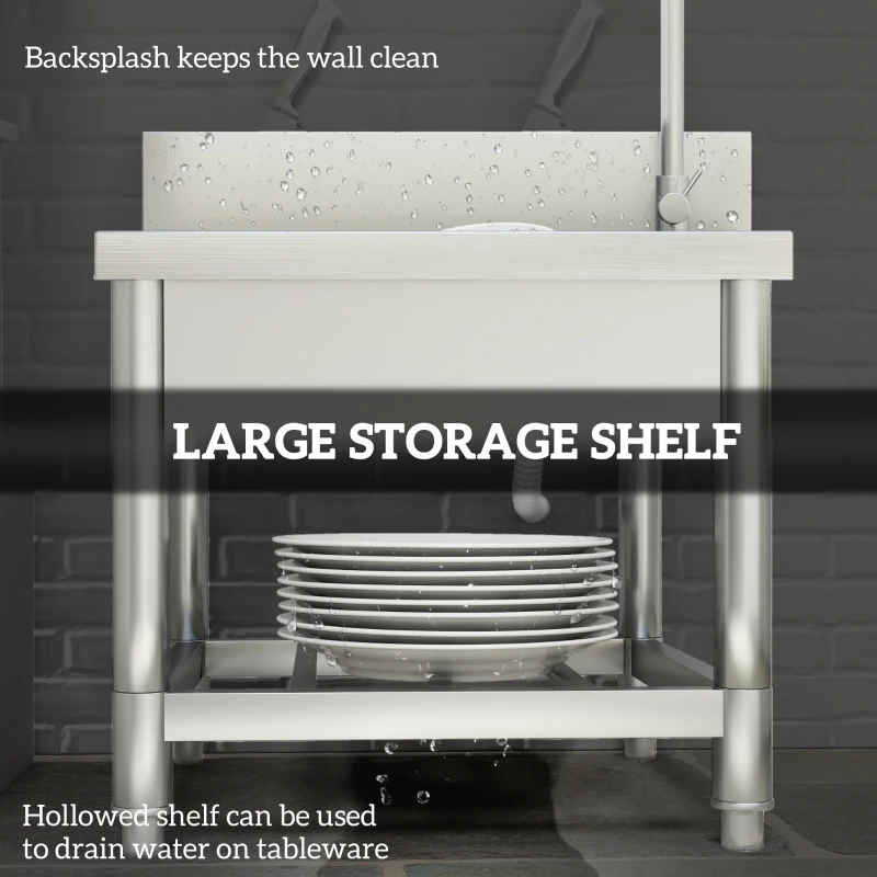 HOMCOM Stainless Steel Outdoor Utility Sink with Cold and Hot Water Pipe and Storage Shelf for Laundry Garage, 22"