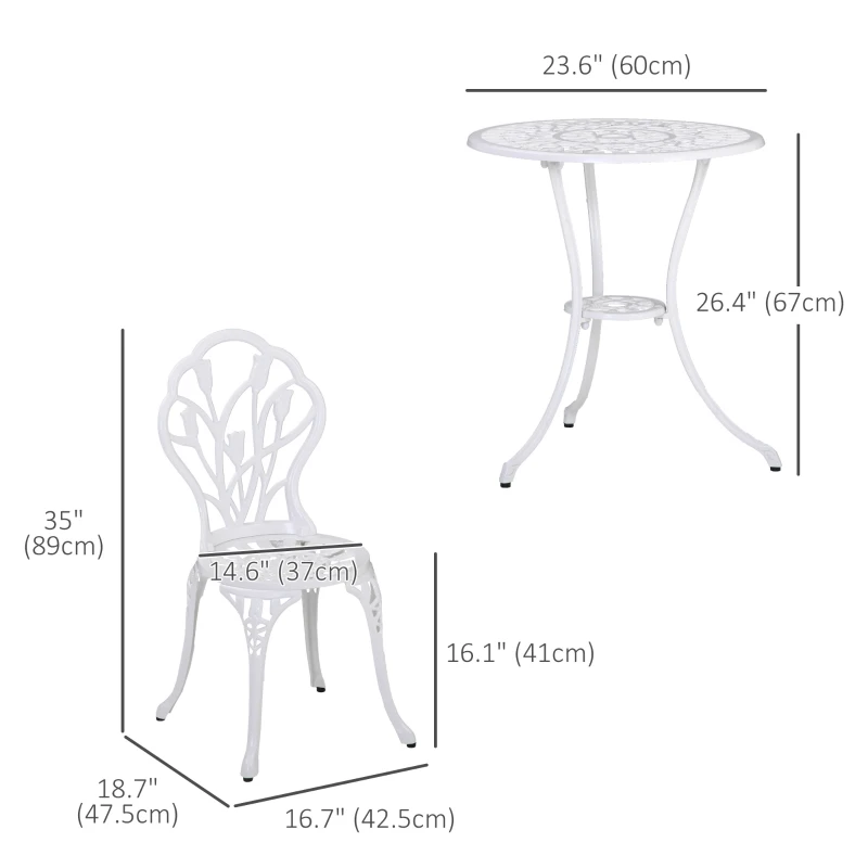 Outsunny 3 Pieces Patio Bistro Set, Outdoor Cast Aluminum Garden Table and Chairs with Umbrella Hole for Balcony, White