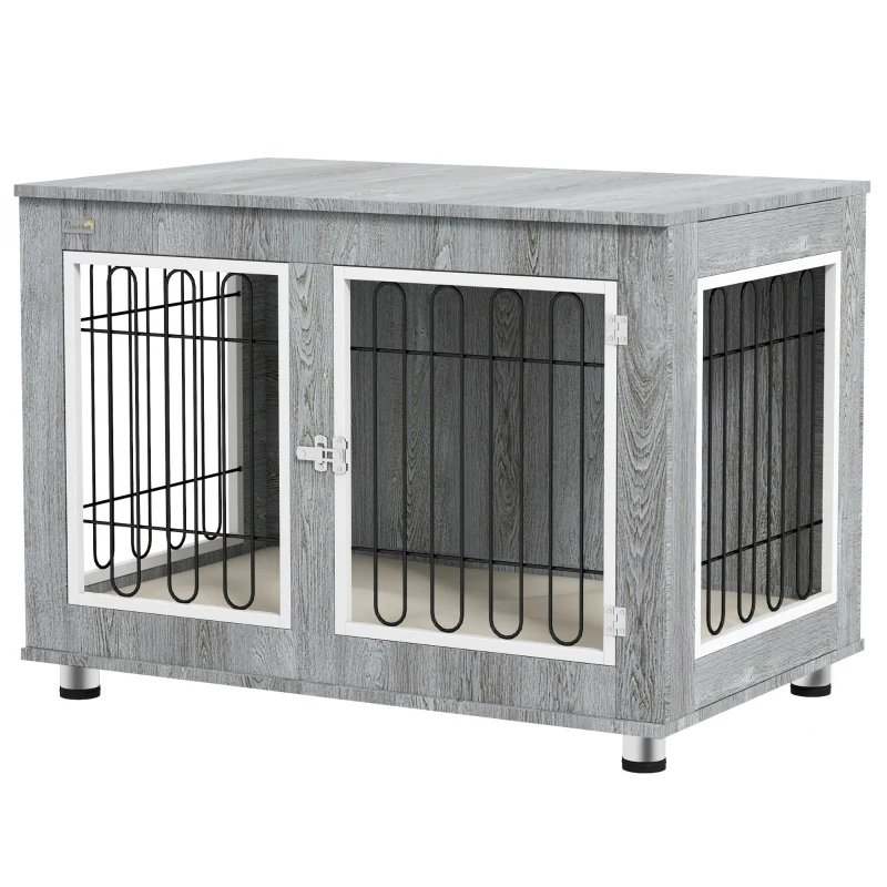 PawHut Pet Crate Side End Table for Indoor Use with Cushion, Double Doors, Grey