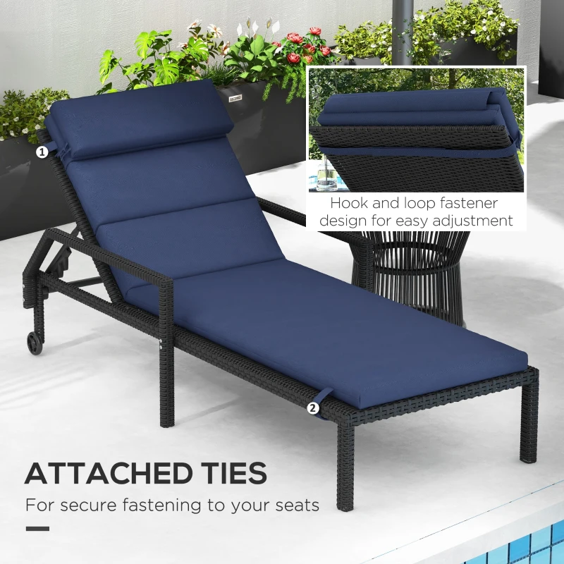 Outsunny Patio Chaise Lounge Chair Cushion Replacement Sun Lounger Pads with Headrest and Ties, Dark Blue