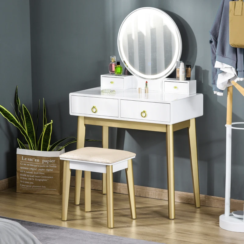 HOMCOM Makeup Vanity Table Set with Round Mirror, Built-in 3 Color LED Light, Dressing Desk with 4 Drawers and Cushioned Stool for Bedroom, White