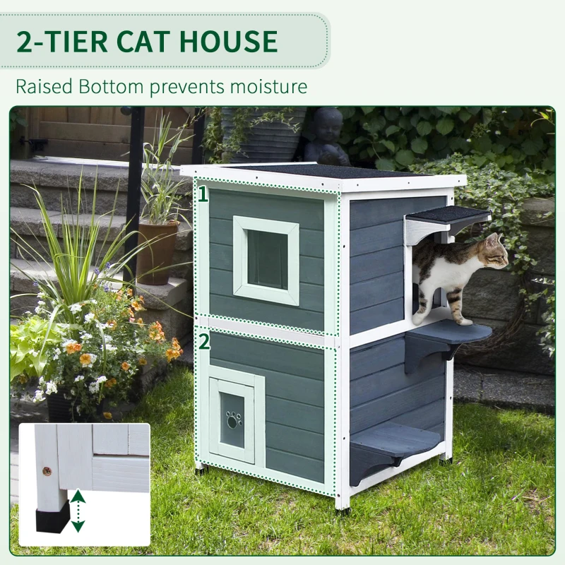 PawHut Outdoor Cat House with Escape Door, Weatherproof 2-Story Wooden Feral Cat Shelter with Opening Asphalt Roof, Dark Gray