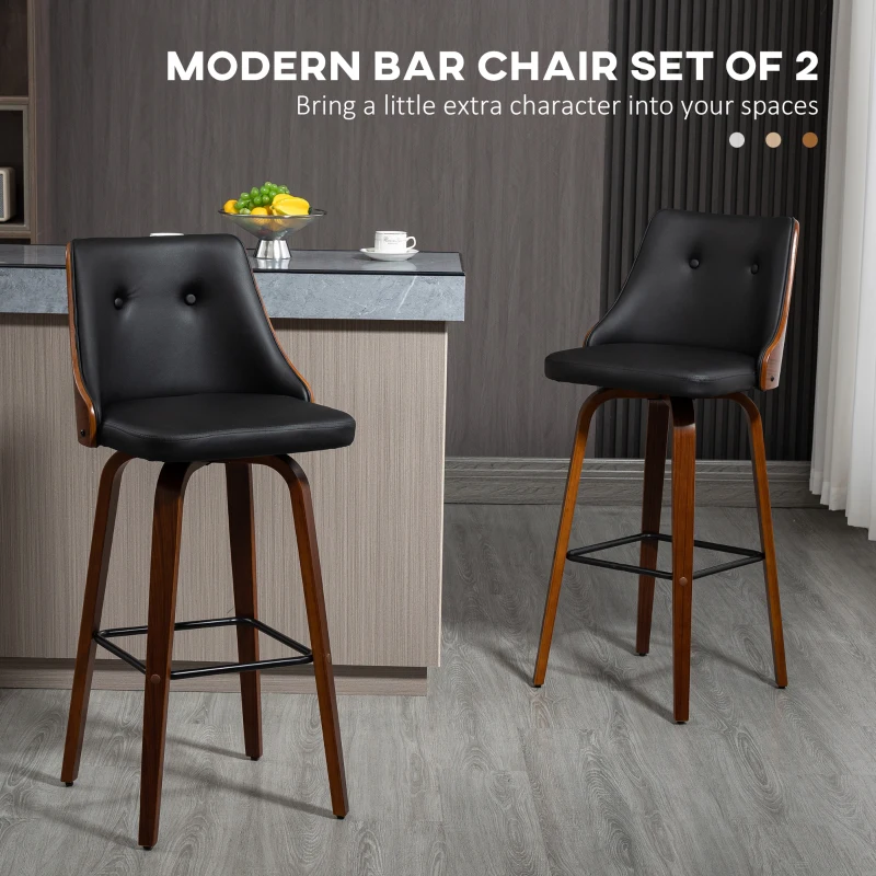 HOMCOM Bar Height Bar Stools, PU Leather Swivel Barstools with Footrest and Tufted Back, Set of 2, Black