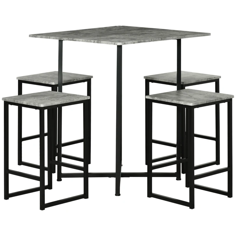 HOMCOM 5 Pieces Bar Table Set, Square Concrete Effect Dining Table Set, Small Kitchen Table and Chairs Set for 4 People, Gray