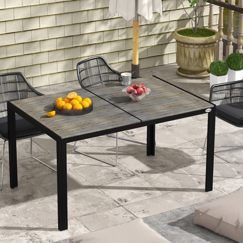 Outsunny Patio Table for 6 with Aluminum Frame, Faux Wood Tabletop, Rectangular Outdoor Table for Backyard, Lawn, Balcony, Gray