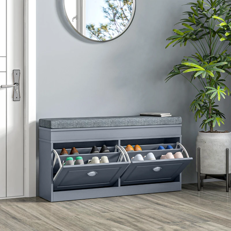 HOMCOM Modern Shoe Storage Bench, Entry Way Bench with Cushion, 2 Drawers, Storage Ottoman Bench, Holds 8 Pairs, Gray