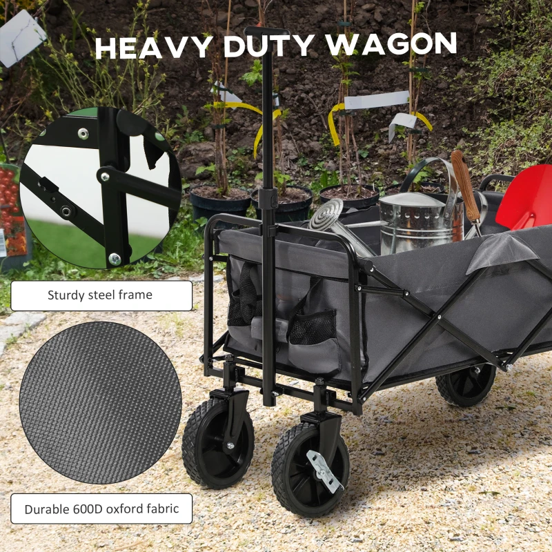 Outsunny Foldable Wagon Garden Carts with Wheels and Side Table, Gray