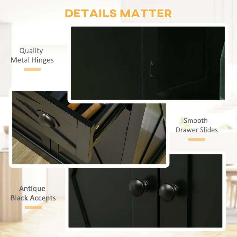 HOMCOM 72" Kitchen Pantry Storage Cabinet, Traditional Freestanding Cupboard with 4 Doors and 2 Adjustable Shelves, Large Central Drawer, X-Frame, Black