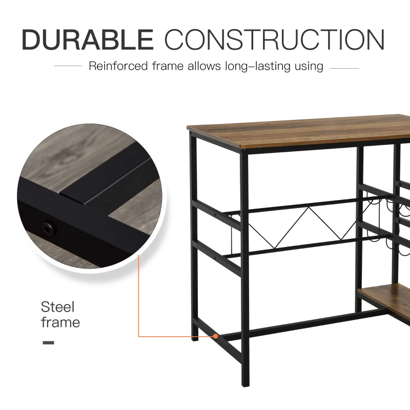 HOMCOM 3 Pieces Bar Table Set, Counter Height Table with 8-bottle Wine Rack and Cup Holder, 2 Stools with Metal Frame for Kitchen, Dining Room, Living Room, Pub