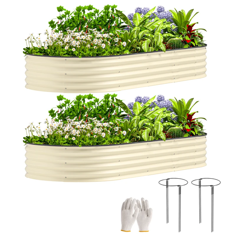 Outsunny 7' x 3' x 1' Raised Garden Bed Set, 2PCS Raised Beds for Gardening with Metal Plant Stakes, Cream White