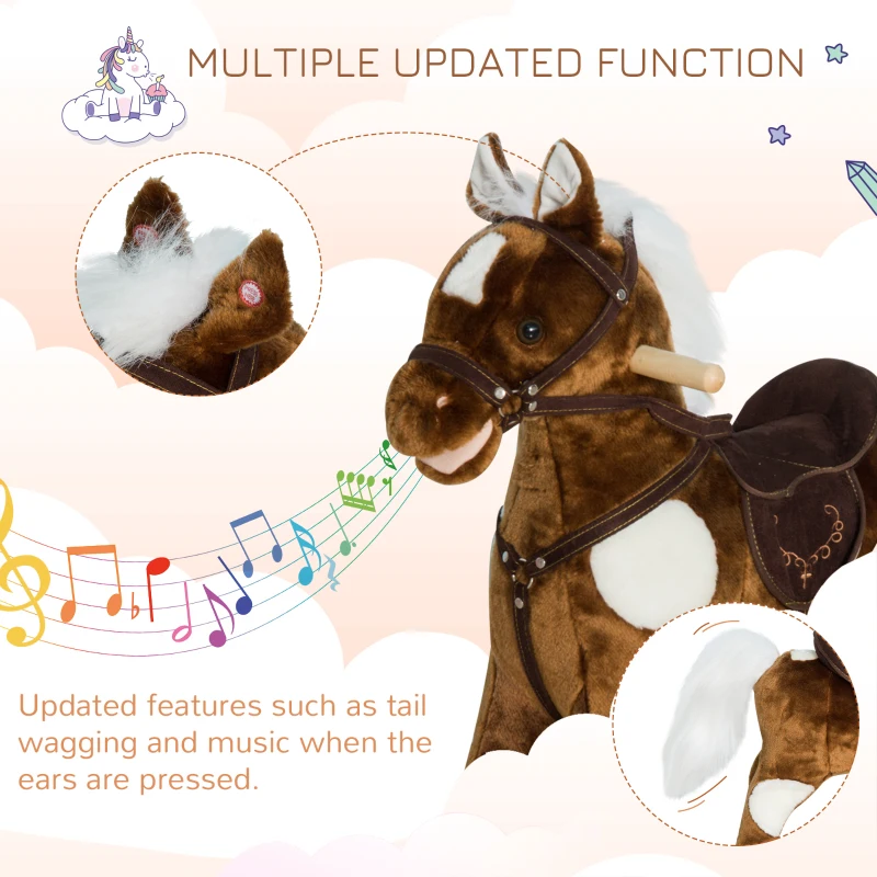Qaba Kids Metal Plush Ride-On Rocking Horse Chair Toy With Nursery Rhyme Music - Dark Brown
