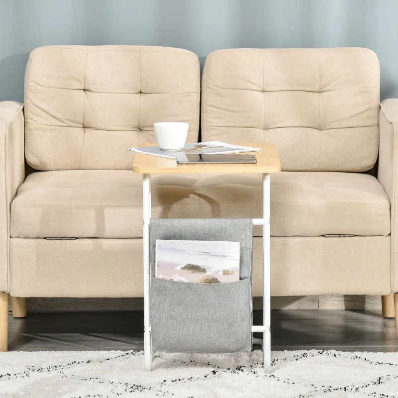 HOMCOM C-Shaped End Table, Side Table with Storage Bag, Laptop Table for Living Room, Bedroom, Oak
