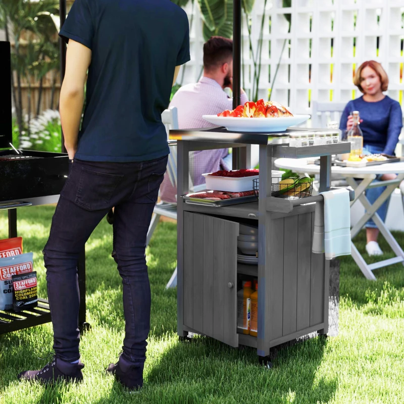 Outsunny Outdoor Grill Cart with Stainless Steel Top, Solid Wood Outdoor Kitchen Island with Wheels, Integrated Hole, Dark Gray