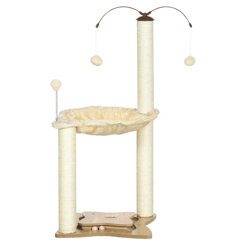 PawHut Small Cat Tree Hammock with Scratching Posts, Elevated Cat Bed with Ball Toys, Cat Hammock Stand for Indoor Cats