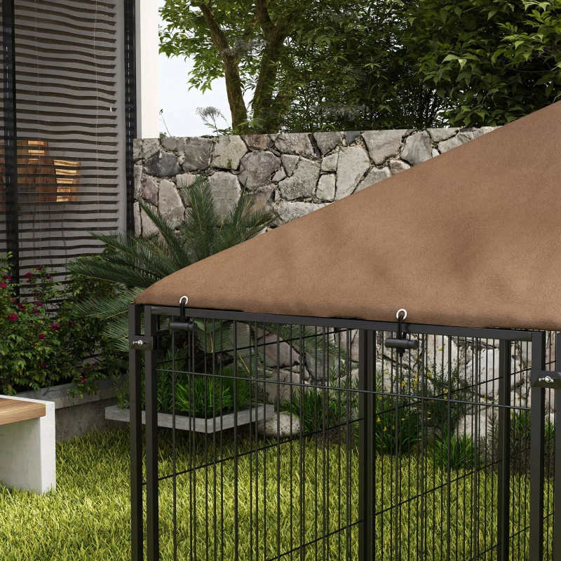 PawHut 6.9' x 4.6' x 5' Outdoor Dog Kennel with Canopy, Rotating Bowls, Coffee