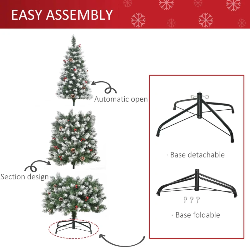 HOMCOM 6ft Decorated Christmas Tree with Red Berries and Pine Cones, Flocked Christmas Tree with Pencil Shape, Green