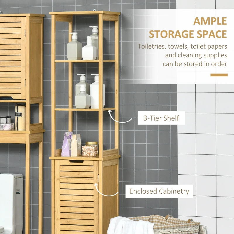 kleankin Bathroom Floor Cabinet with 3 Shelves and Cupboard, Slim and Freestanding Linen Tower with Storage, Natural