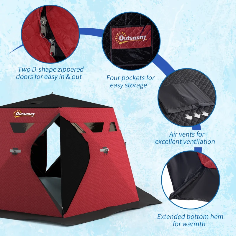 Outsunny 4 Person Insulated Ice Fishing Shelter, Pop-Up Portable Ice Fishing Tent with Carry Bag and Two Doors for -22℉, Red