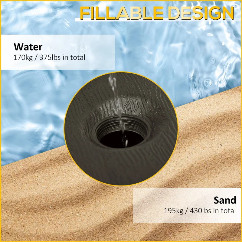 Outsunny Fillable Patio Cantilever Umbrella Base with Wheels, Heavy-duty Offset Umbrella Weights with Easy-Fill Spouts, Steel Cross Base, 430lbs Sand or 375lbs Water Filled, Coffee
