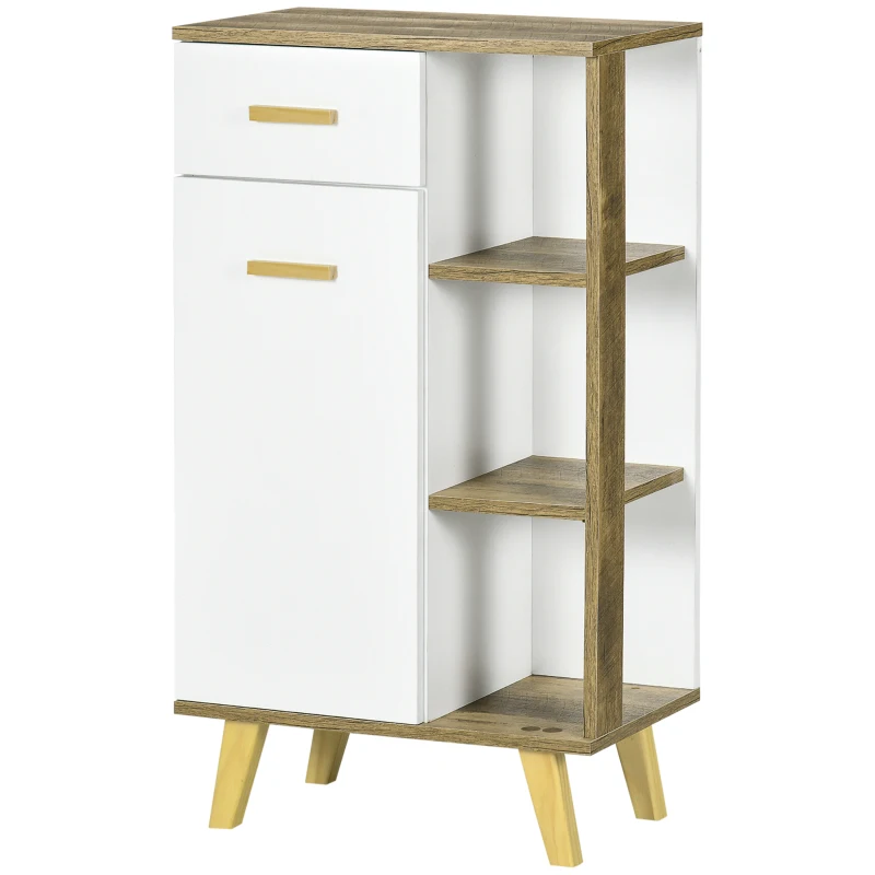 kleankin Bathroom Floor Cabinet, Side Storage Organizer Cabinet with Drawer and Shelves for Bathroom, Entryway and Kitchen, White and Natural