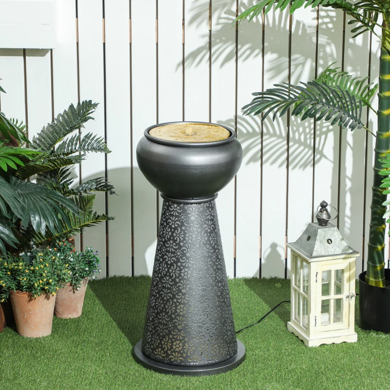Outsunny 28" Tall Outdoor Water Fountain with LED Lights, Bowl Garden Waterfall Fountain with Adjustable Flow, Outdoor Water Feature with Cut-out Floral Base, Dark Grey and Yellow