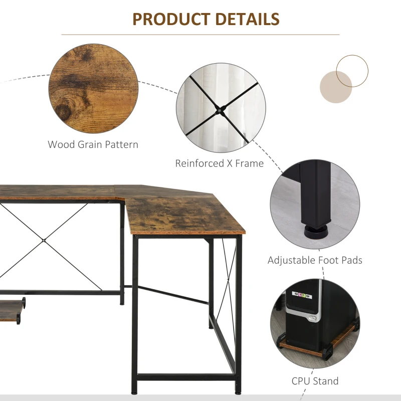 HOMCOM L-Shaped Computer Desk, 59" Corner Table for PC with CPU Holder Stand, Industrial Writing Workstation for Home Office, Study, Dorm, Rustic Brown