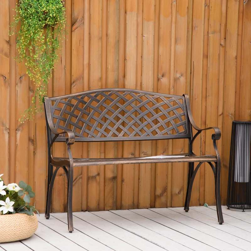 Outsunny Metal Garden Bench for Front Porch, Loveseat Like 2 Person, Armrests, Copper Color Cast Aluminum, Weaving Latticework Outdoor Furniture, Bronze Color