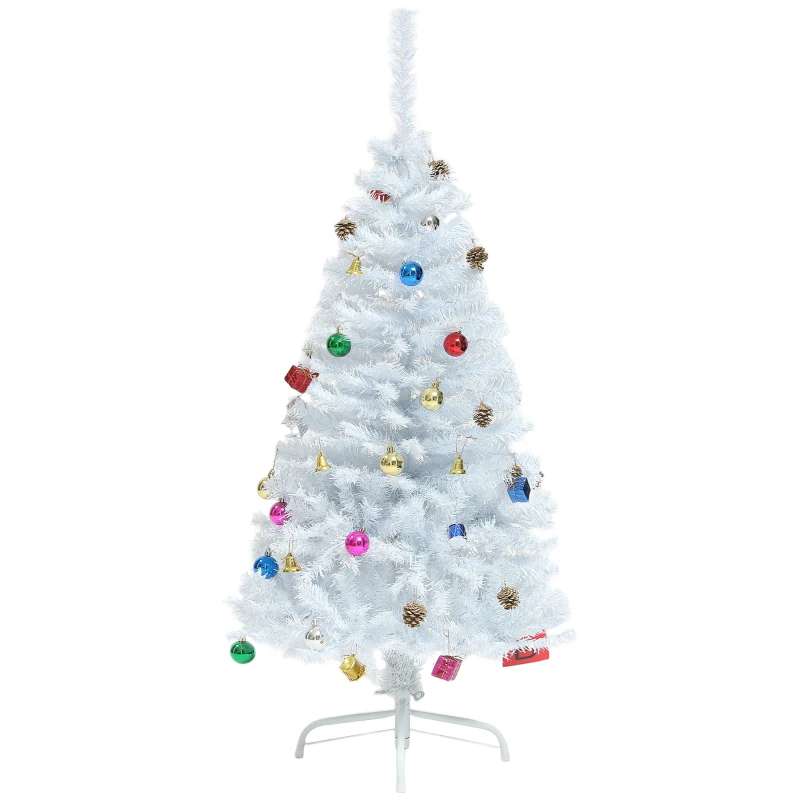 HOMCOM 4ft Decorated Christmas Tree, Artificial Christmas Tree with Ornaments for Holidays, Party, White