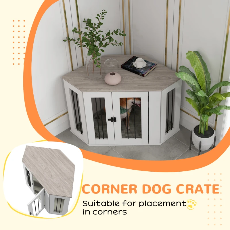 PawHut Dog Crate Furniture with Cushion, 41 Inch Corner Design Dog Crate End Table for Medium Dogs, Multi Colour