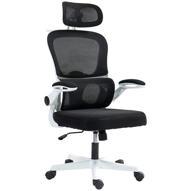 HOMCOM Mesh Office Chair, Ergonomic Desk Chair with Flip-up Armrest, Rotatable Headrest, Adjustable Lumbar Support, Black