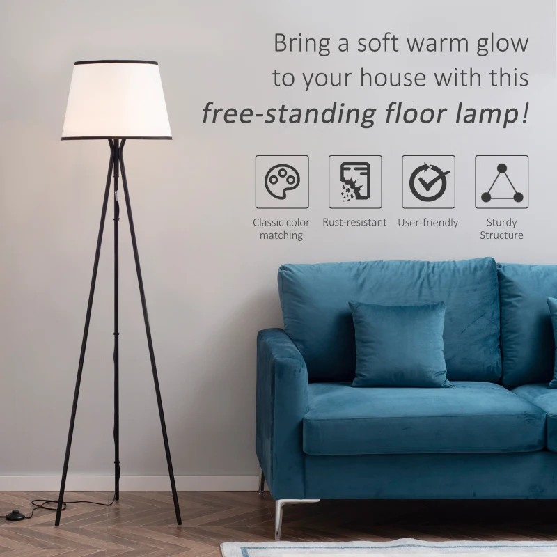 HOMCOM Modern Tripod Floor Lamp, Freestanding Lamp w/ Fabric Lampshade and E26 Base for Living Room, No Bulb - Black