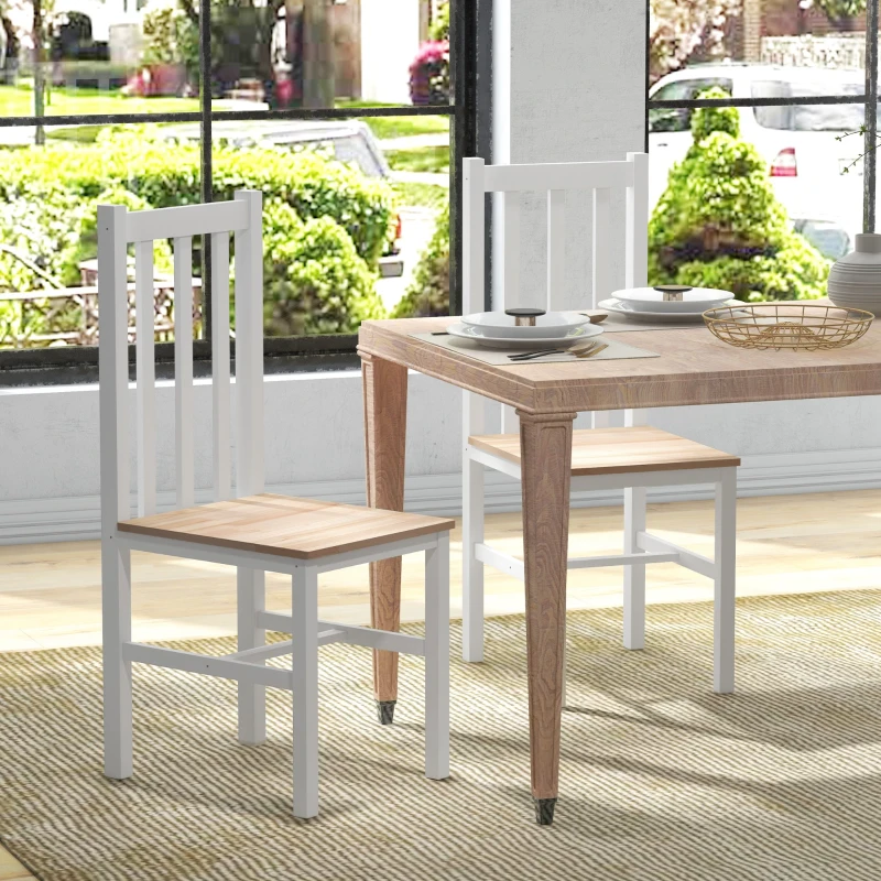 HOMCOM Farmhouse Dining Table Chairs, Set of 2 Pine Wood Kitchen Table Chairs with Slat Back for Living Room, Bedroom, White