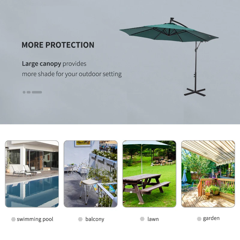 Outsunny 10ft Outdoor Cantilever Umbrella Patio Solor Banana Umbrella with Lights Adjustable Angle for Patio Backyard Dark Green