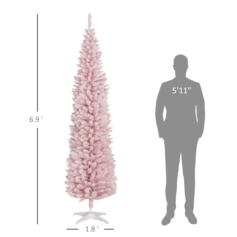 HOMCOM 7ft Pencil Christmas Tree, Slim Artificial Christmas Tree with Snow Flocked Branches and Warm White LED Lights, Pink