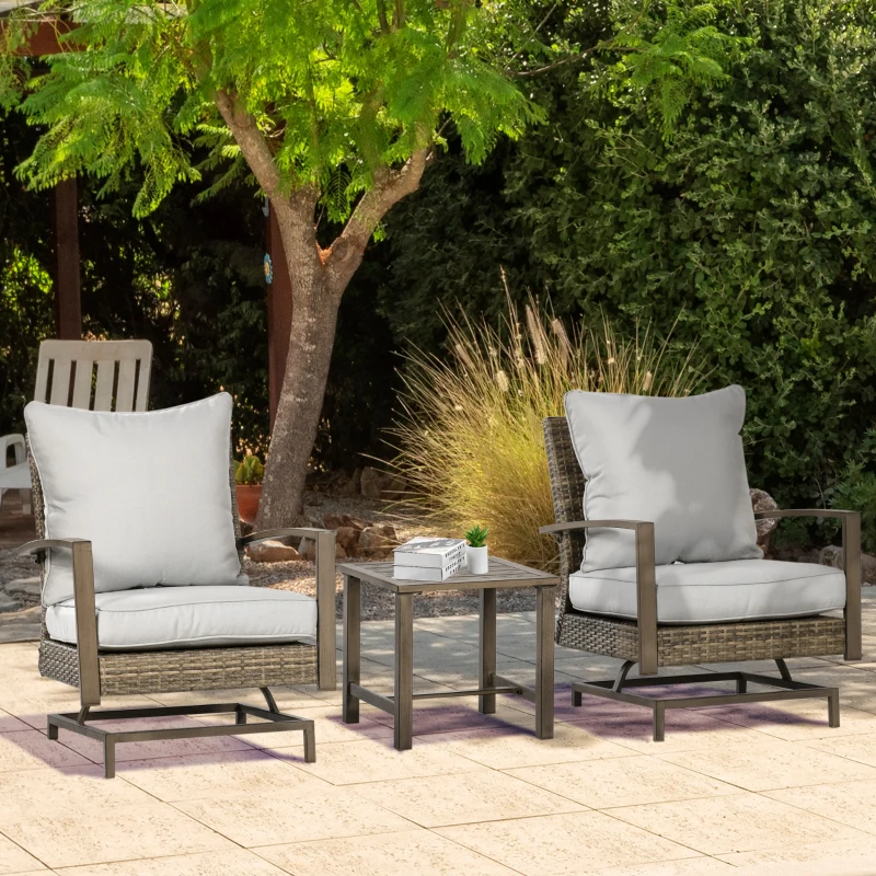 Outsunny Patio Bistro Set, Porch Furniture with Soft Cushions and Rocking Function for Yard, Lawn, Porch, Light Gray