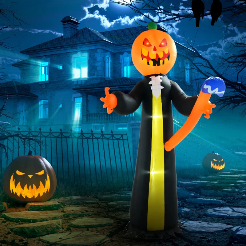 HOMCOM 10ft Inflatable Halloween Pumpkin Head Ghost with Hammer, Blow Up LED  Display for Garden Indoor Outdoor