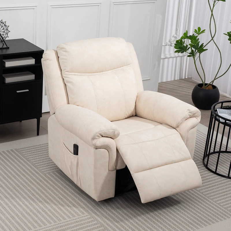 HOMCOM Manual Recliner Chair with Vibration Massage, Side Pockets, Microfibre Reclining Chair for Living Room, Cream White